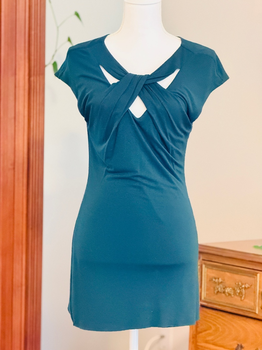 Anthropologie Teal Twist-Neck Jersey Top